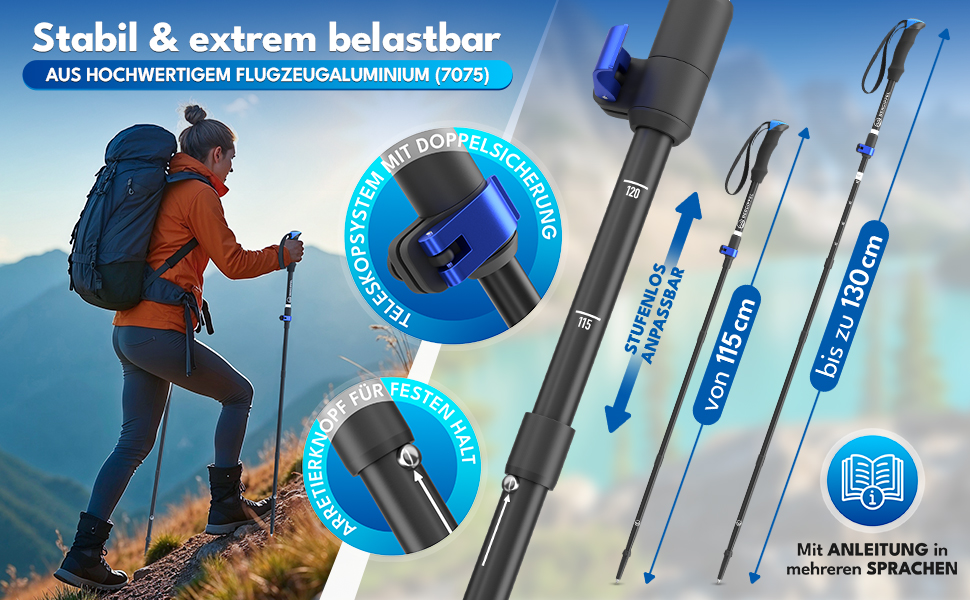 Тeleskopні трекінгові палиці Bergipfel | Ultraleicht 270g | Складаються до 37 см | Регулюються 115–130 см | Алюмінієві палиці для ходьби з аксесуарами для будь-якої місцевості та сумкою | Для жінок, чоловіків, підлітків