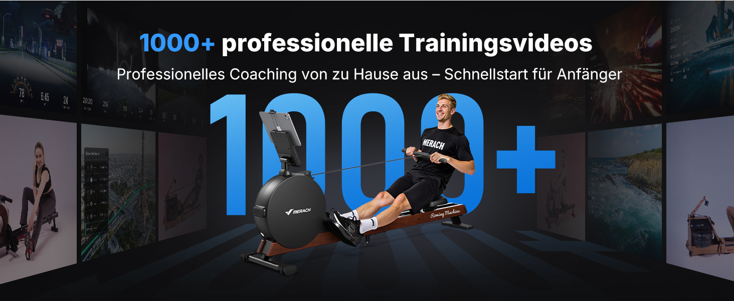 Гребний тренажер MERACH для дому з магнітним опором 60 кг, автоматичною регулюванням, LED-дисплеєм та подвійними дерев'яними рейками (R21)