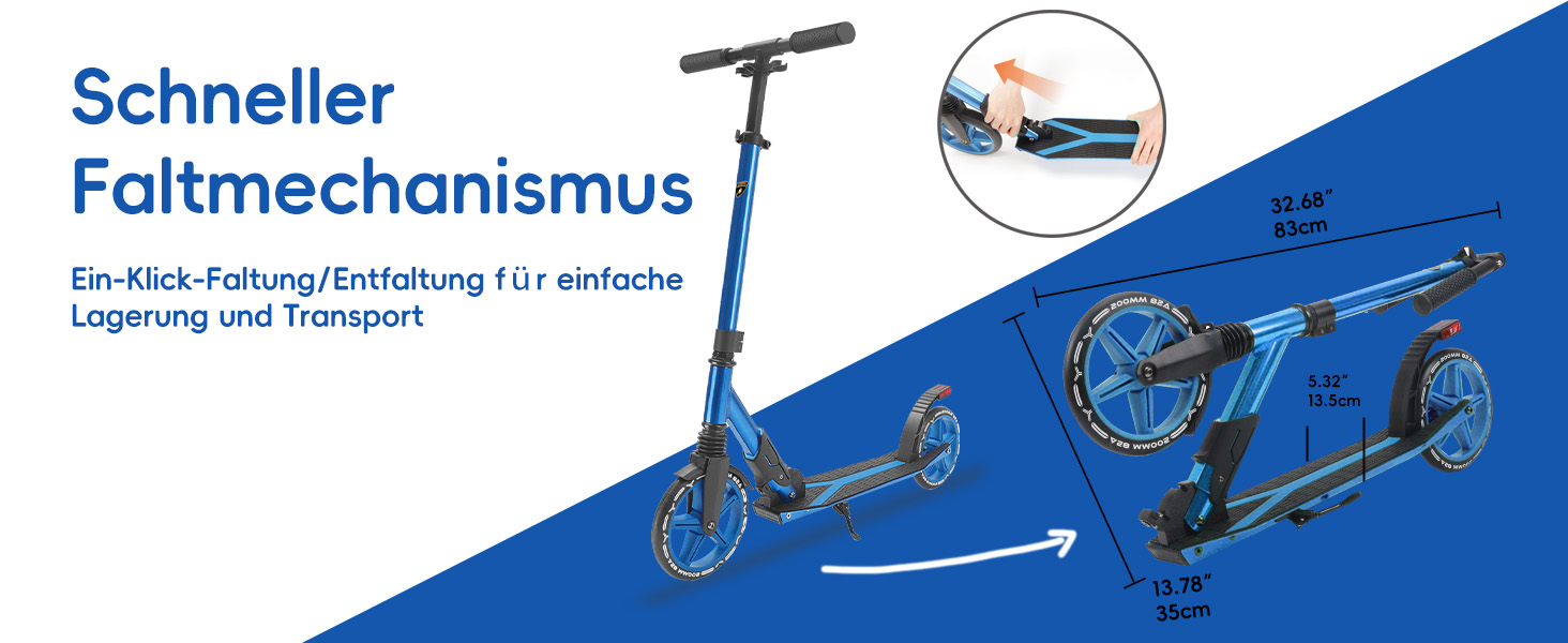 Скутер Lamborghini Tretroller Cityroller з великим колесом, складаний, регульована висота, для дорослих та дітей, з підставкою, передньою амортизацією та гальмом на задньому колесі, синій, до 100 кг