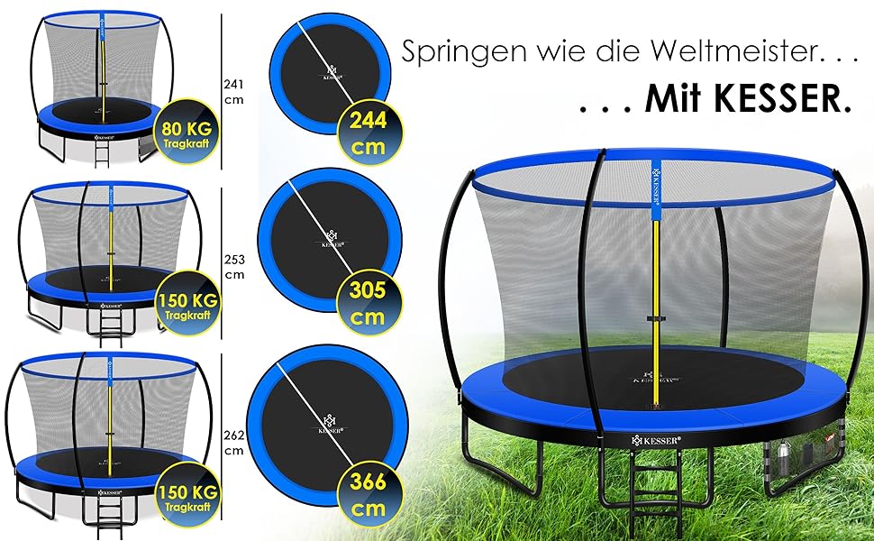 Трамплін KESSER® Ø 244/305/366/427 см з сіткою | Сертифікат TÜV Rheinland GS | Дитячий трамплін для саду, до 150 кг