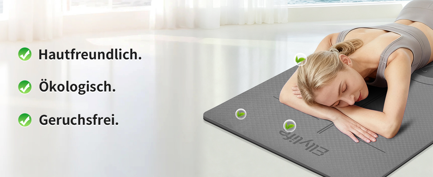 Протиковзкий килимок для йоги та пілатеса з еко-каучуку та TPE, 6мм, сірий — з лініями розмітки та ременем для перенесення