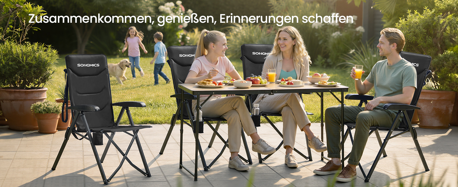 Складний туристичний стілець SONGMICS для відпочинку, риболовлі та кемпінгу, чорний, з регульованою спинкою 95°-150°
