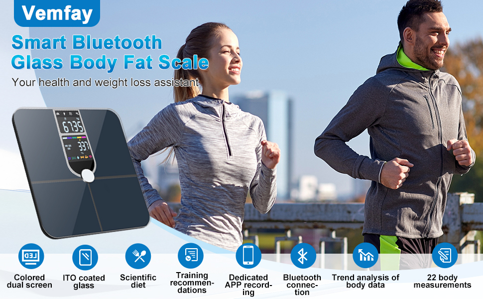 Вага для вимірювання жиру в тілі з великим дисплеєм, точна вага з аналізом жиру та м'язової маси, персональна вага з аналізом складу тіла (22 показники), частота серцевих скорочень, ІМТ, смарт-вага з підключенням до додатку