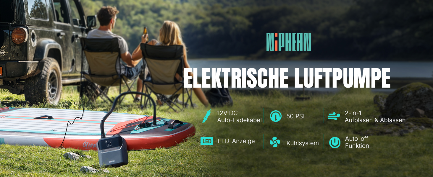 Електрична повітряна помпа для SUP, матраців та шин, 50 PSI, з DC-кабелем, автоматичне вимкнення, 12V
