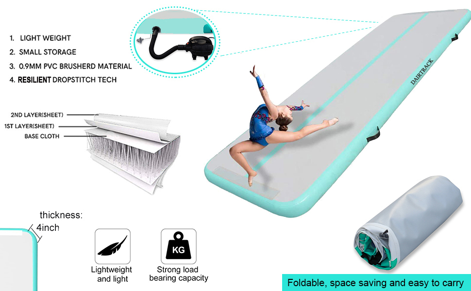 Гімнастичний надувний мат Air Turn Track Matte 2-6м з насосом та сумкою, 400x100x10см, для йоги, фітнесу, черенлідингу, зелений