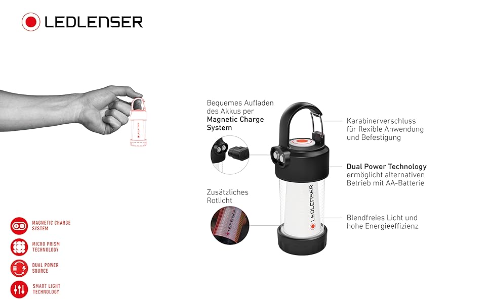 Ліхтар Ledlenser ML4, кемпінговий, акумуляторний, 300 люмен, 45 год, нейтральне світло, з магнітним кабелем USB