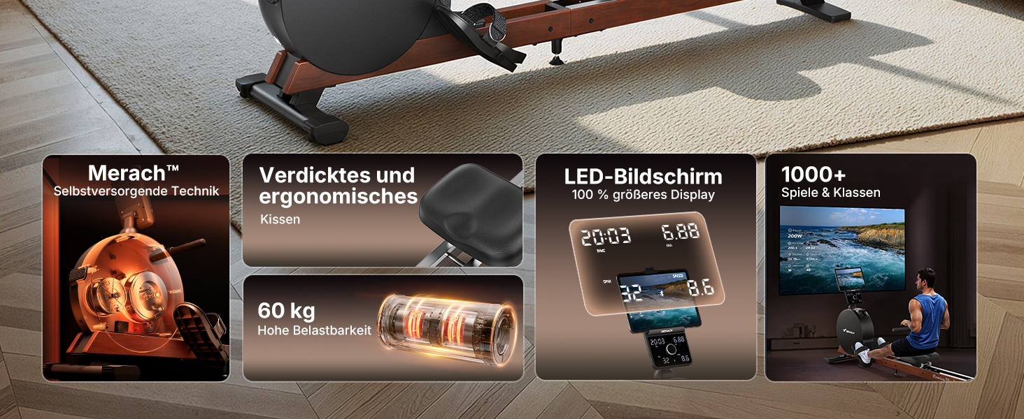 Гребний тренажер MERACH для дому з магнітним опором 60 кг, автоматичною регулюванням, LED-дисплеєм та подвійними дерев'яними рейками (R21)