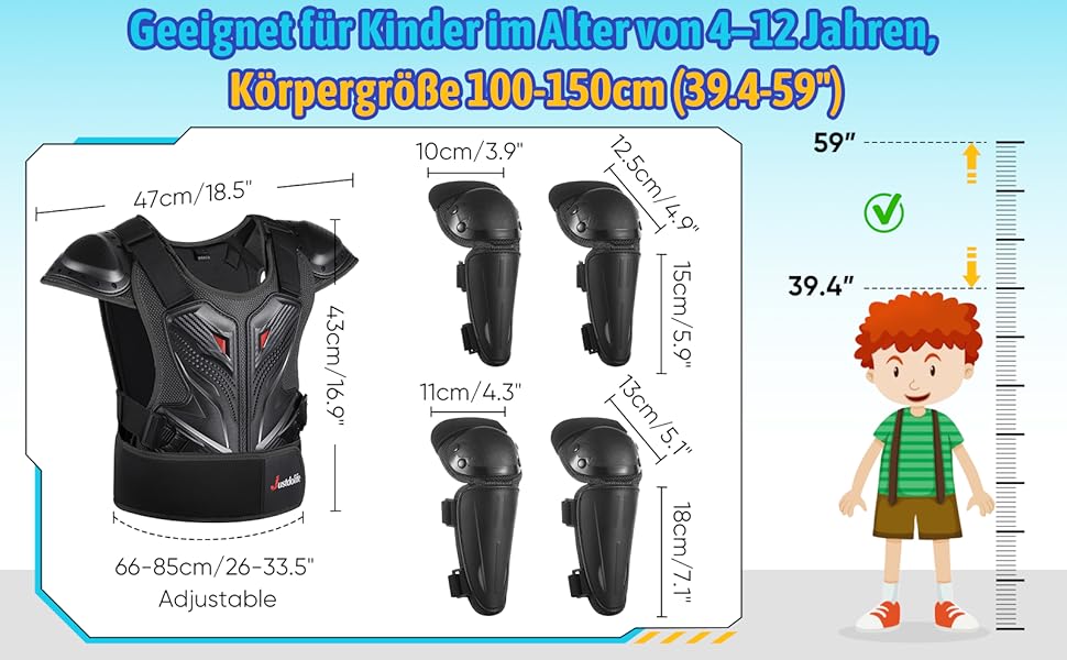 JUSTDOLIFE Набір мотоциклетного захисту для дітей, 5 предметів: захисна куртка, налокітники, наколінники, бронежилет для мотокросу, катання на велосипеді, скейтборді, для хлопчиків і дівчаток