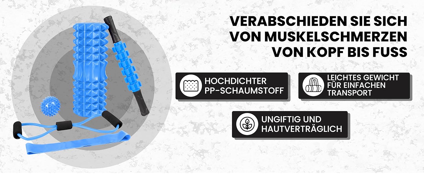 Набір для масажу фасцій Unycos: ролер, стрічка, м'яч, стік та фітнес-стрічки (120 кг)