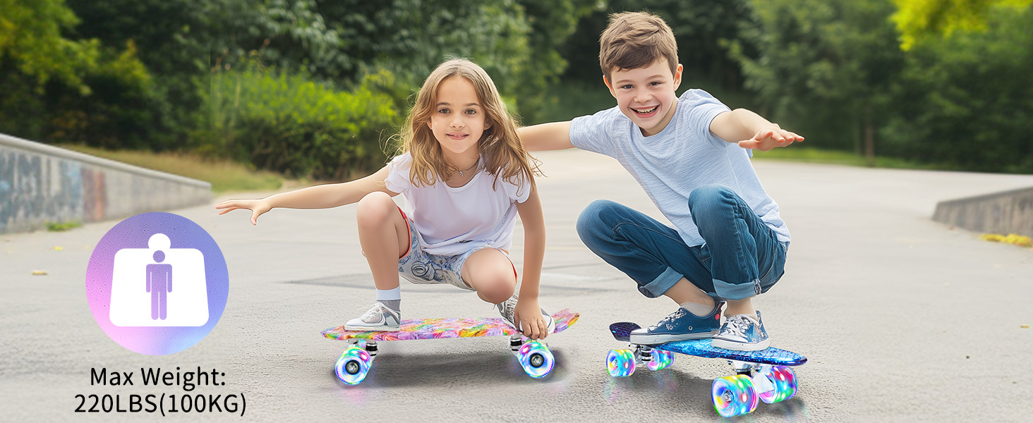 Скейтборд BELEEV 22 дюйми Mini Cruiser з LED колесами та T-Tool, для дітей, підлітків, дорослих, Galaxy Blue