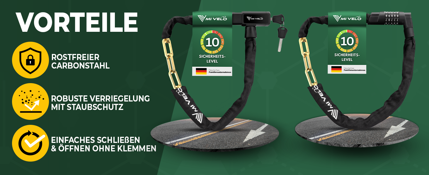 Замок для велосипеда MIVELO з ланцюгом, висока безпека, 85 см, ланцюговий замок для E-bike, MTB та шосе, з ключем