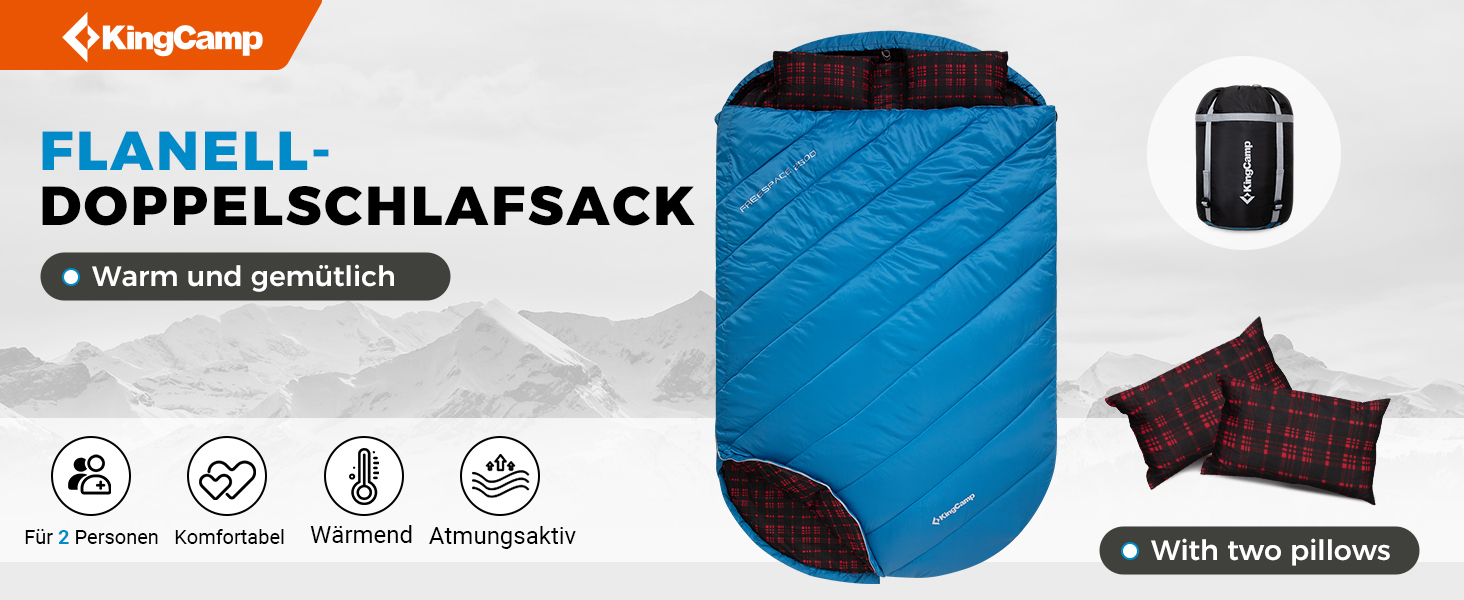 Спальний мішок KingCamp для 2 осіб з фланелі, зимовий, теплий, 3-4 сезони, з 2 подушками, для кемпінгу та відпочинку на природі (синьо-блакитний)