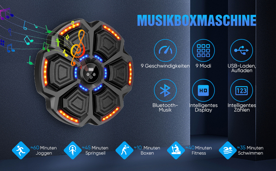 Музична боксерська машина з LED-підсвіткою та Bluetooth, для дорослих та дітей, чорна