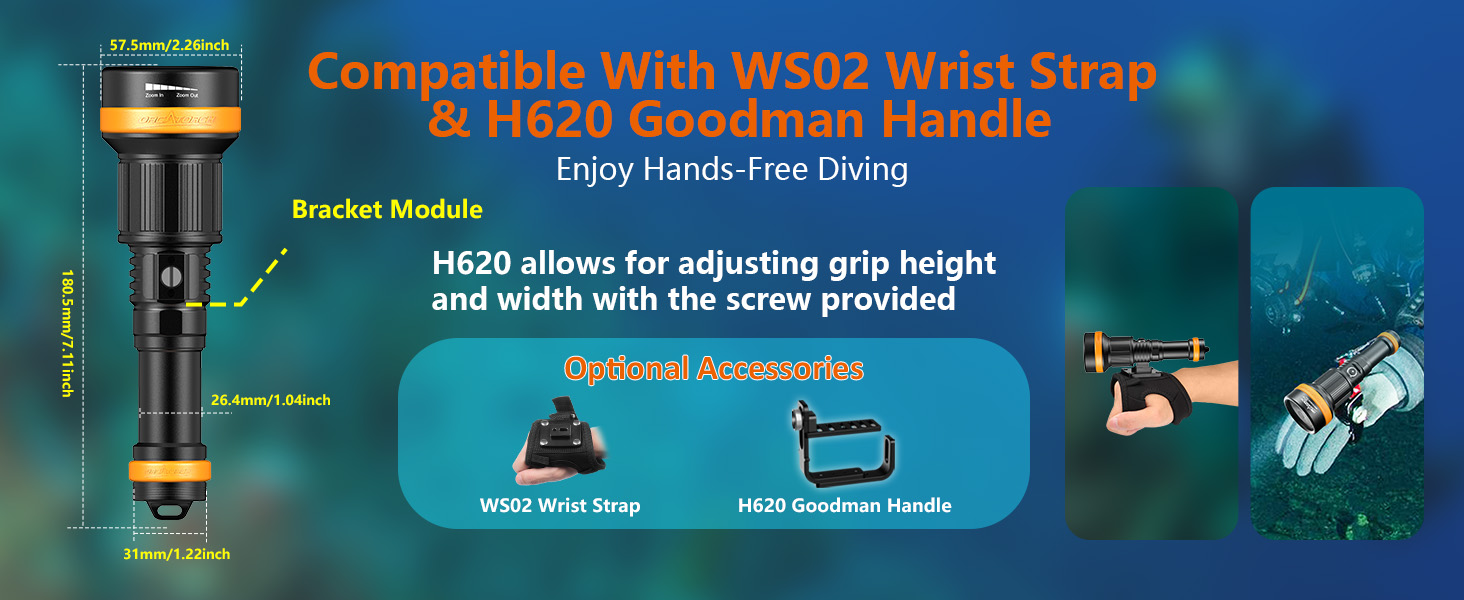 Ліхтар підводний ORCATORCH ZD710MK2 LED з регулюванням фокусу, 1500 люмен, 4 режими, 2-в-1 (прожектор та світло, що розливається), IP68, водонепроникність до 150м, акумулятор для дайвінгу, кемпінгу