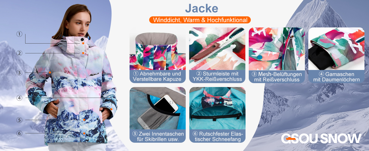 Жіночий гірськолижний костюм GSOU SNOW 2 частини: куртка та штани - водонепроникний, вітронепроникний, дихаючий, з утепленням, з капюшоном, Bergfrost + Чорний, розмір M