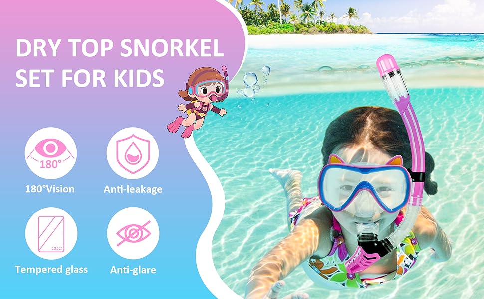 Дитяча маска для снорклінгу та плавання, 4-16 років, комплект, панорама 180°, сухий сноркель, рожева