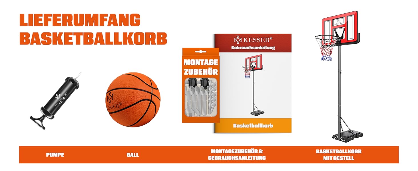 Баскетбольний кошик KESSER® Outdoor зі стійкою та колесами. В комплекті: 2 сітки, м'яч та насос. Регульована висота 230-305 см. Підходить для дітей та дорослих (червоний)