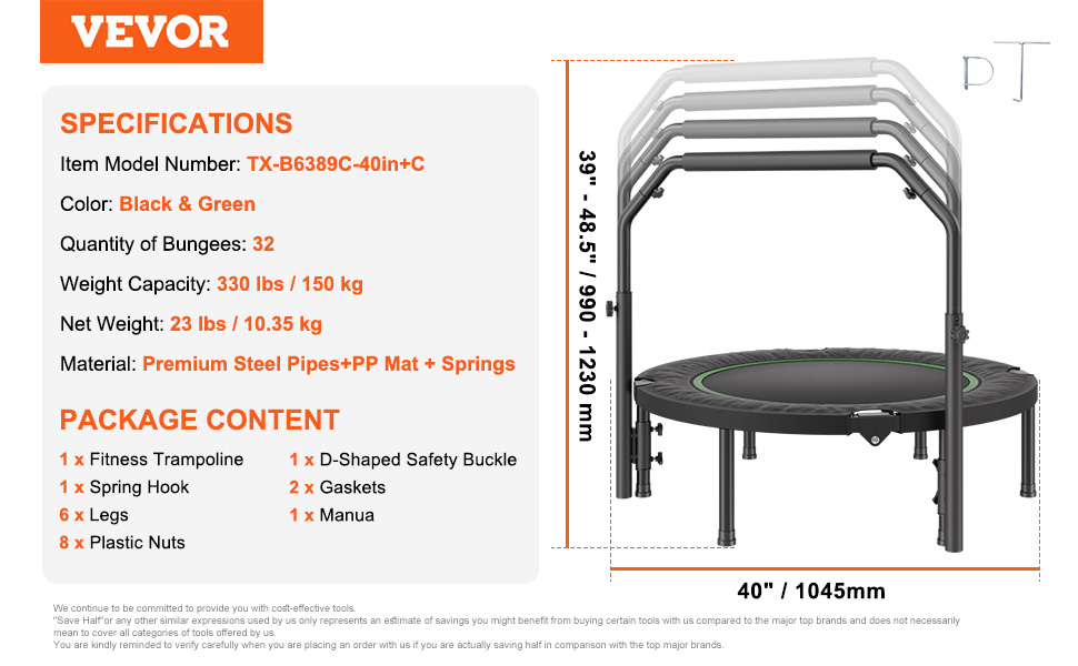 Міні-батут VEVOR для фітнесу та рекреації, діаметр 1027 мм, вантажопідйомність 150 кг, з регульованою ручкою та 32 пружинами