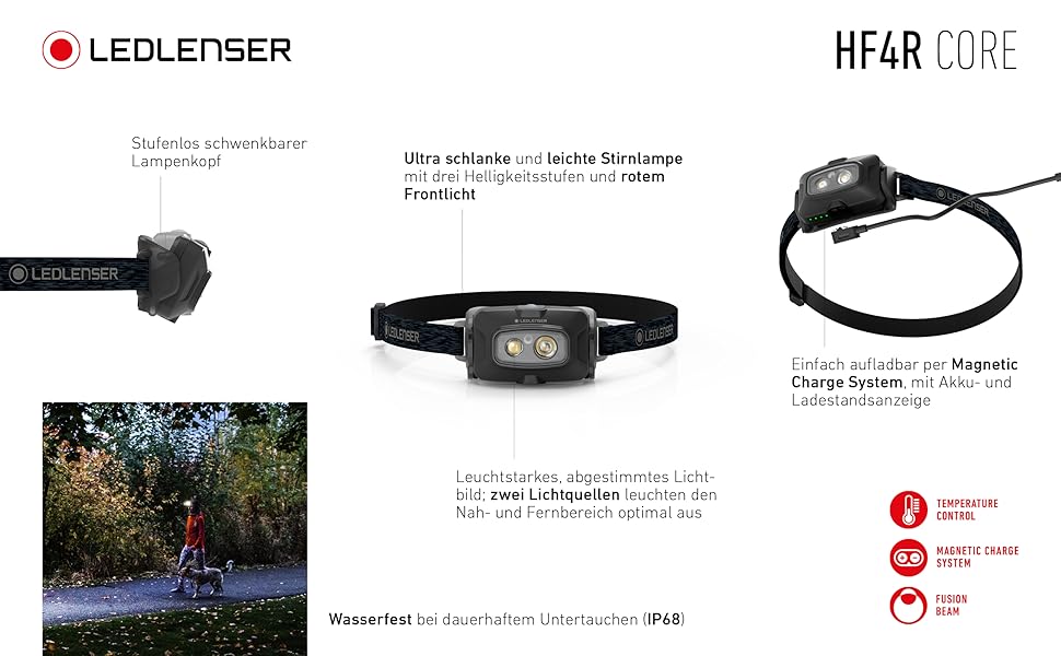 Ліхтар налобний Ledlenser HF4R Core: перезарядна модель, 500 люмен, водонепроникний (IP68), з червоним світлом, для активного відпочинку