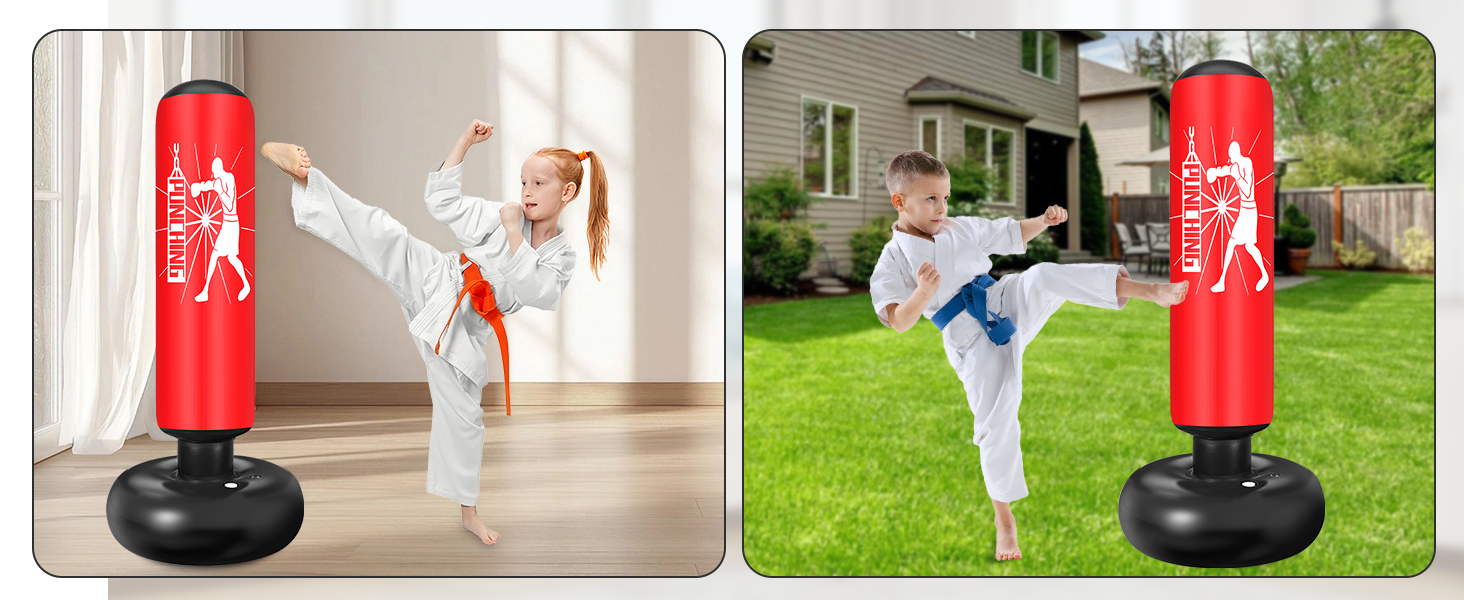 Груша боксерська дитяча Ninonly 160 см з рукавичками та насосом. Стійка груша для боксу в приміщенні, на вулиці, в спортзал для хлопчиків та дівчаток. Червоний колір.