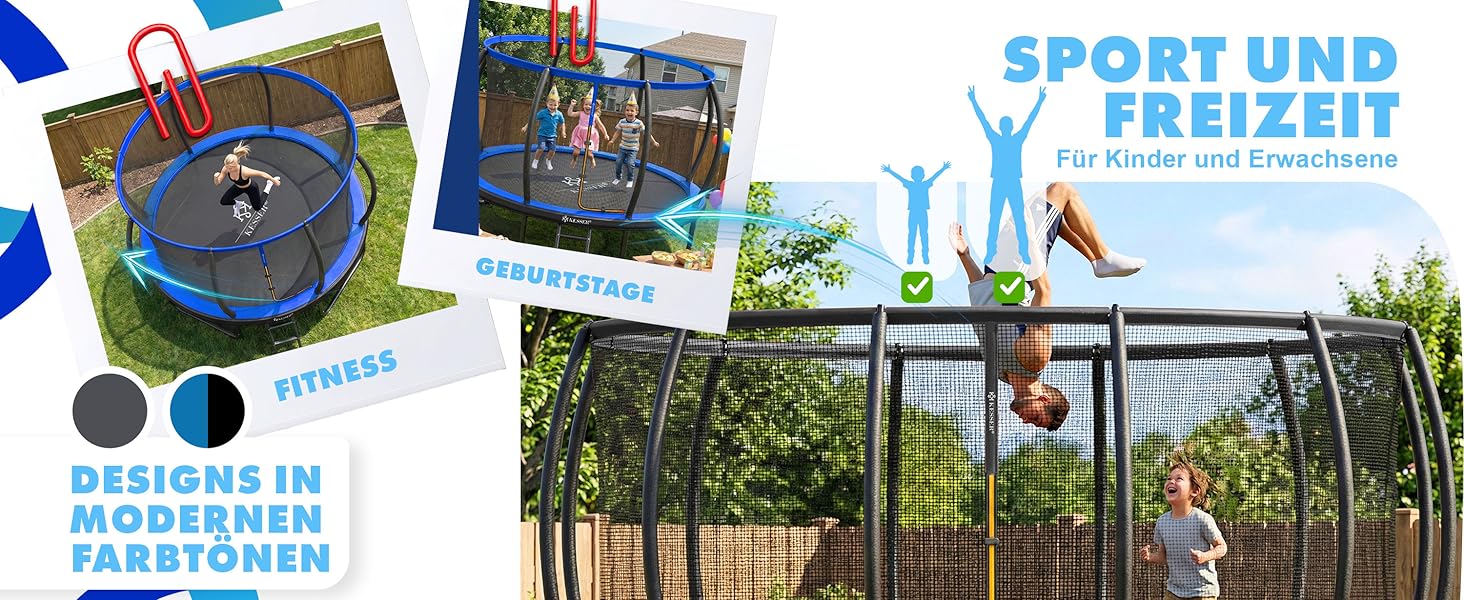 Батут KESSER® Outdoor Ø 244/305/366/427 см з сертифікатом GS, для дітей та дорослих (до 150 кг) з захисним сітком, сумкою, сходами, захисним бортиком та м'якими стійками сітки, антрацит