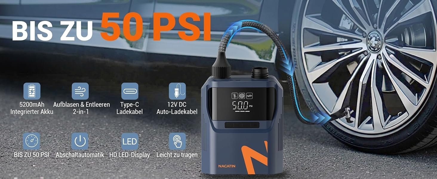 Електричний насос для SUP-дошки NACATIN 50PSI: акумуляторний компресор 5200mAh та 12V для падлбордів, човнів та автомобільних шин, 6 насадок