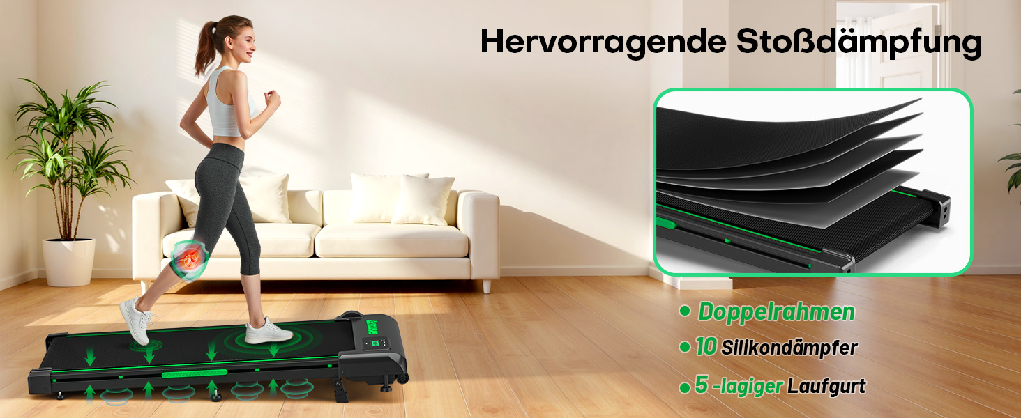 Walking Pad FOUSAE: Бігова доріжка для дому з регулюванням нахилу до 9%, LED-дисплеєм, пультом керування та мобільним додатком, 12 програм, до 150 кг, чорно-зелений