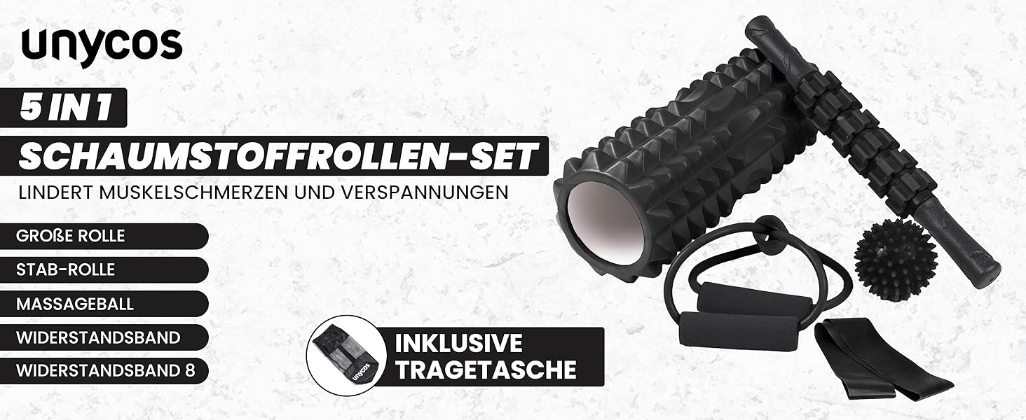 Набір для масажу м'язів Unycos: ролер фасції, фітнес-гумка, масажний м'яч, палиця для реабілітації, шнур для фітнесу та сумка для зберігання (чорний)