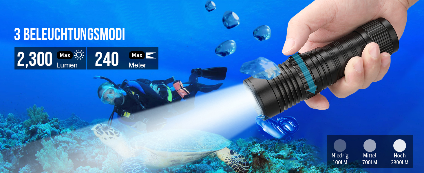 Ліхтар під водою Trustfire DF006, 2300 люмен, 100 метрів глибини, 3 режими, перезаряджається, з петлею, чорний
