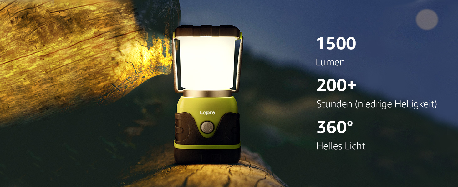 LED кемпінговий ліхтар Lepro на батарейках, надзвичайно яскравий 1500 люмен, 4 режими, флуоресцентне зелене світло