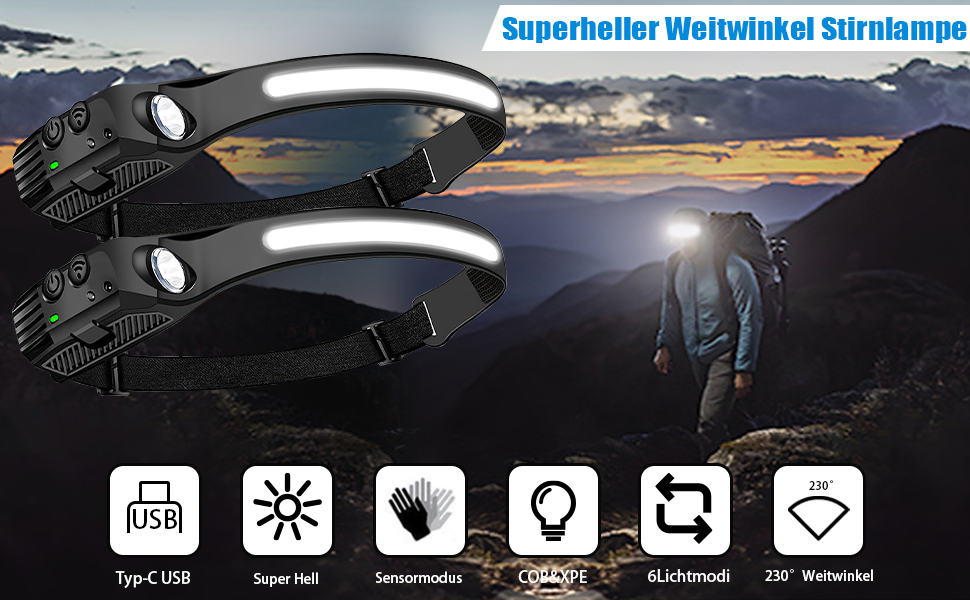 LED налобний ліхтар, 2 шт., 230° широкий кут огляду, з червоним сигнальним світлом, 6 режимів освітлення, датчик, водонепроникність. Ідеально для бігу, риболовлі та активного відпочинку