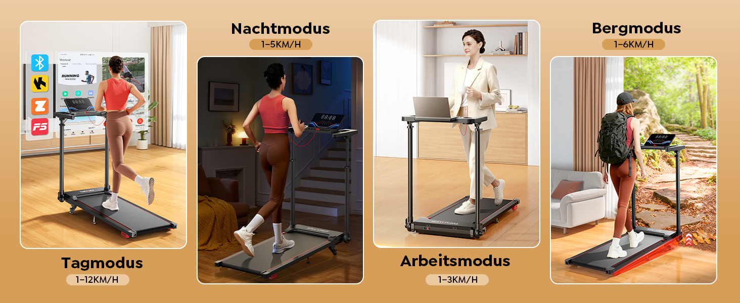 Електрична бігова доріжка для дому 12 км/год, 6 в 1, з регулюванням нахилу до 10%, 1080 мм, тримач для планшету, керування через додаток, тихий 2.5HP двигун, LED дисплей, чорний