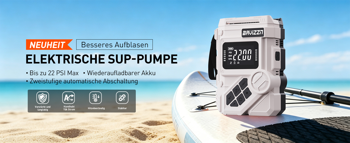 Акумуляторний електричний насос 22PSI 12V для SUP-борда, човнів та каяків, з USB Type-C, функцією надування та випускання повітря, 7 насадок, сірий