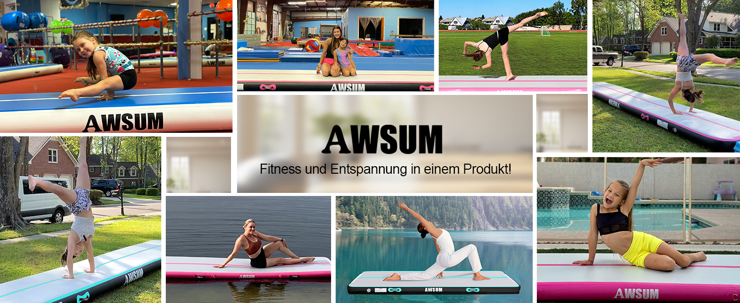 AWSUM Надувний гімнастичний мат, 2/3/4/5/6м, 10/20см, для йоги, фітнесу, дому, на вулицю, з насосом, Mint Green/Black