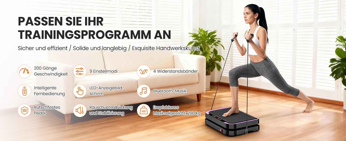 Віброплатформа для фітнесу з 200 рівнями інтенсивності, 9 програмами, Bluetooth, пульт, резинки, до 200 кг, для дому