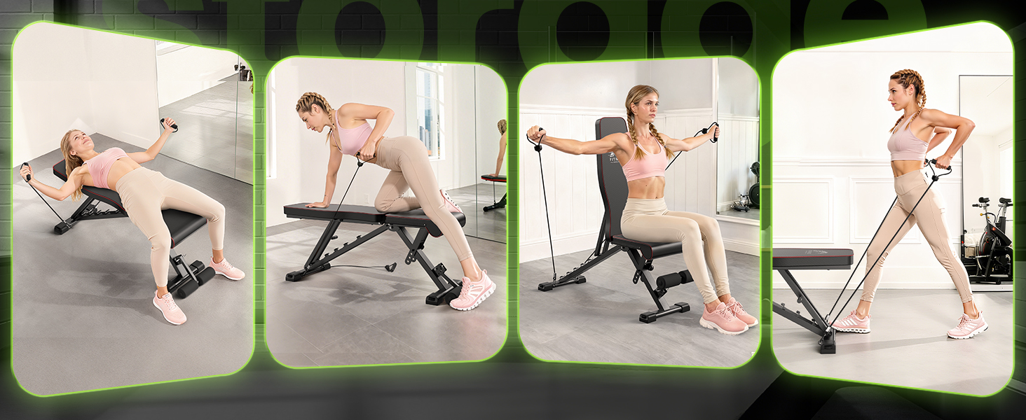 Регульована багатофункціональна лава для гантелей Dskeuzeew, складана фітнес-лава з еластичними стрічками та сумкою для зберігання, 7 положень нахилу спинки, максимальне навантаження 300 кг, чорна