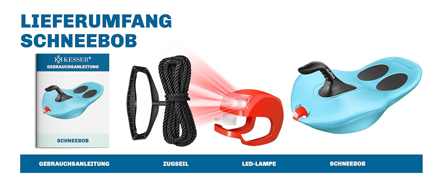 Кесер® Бобслей Alpina з LED-підсвічуванням, мотузкою, для дітей та дорослих, пластиковий санний, зимовий спорт