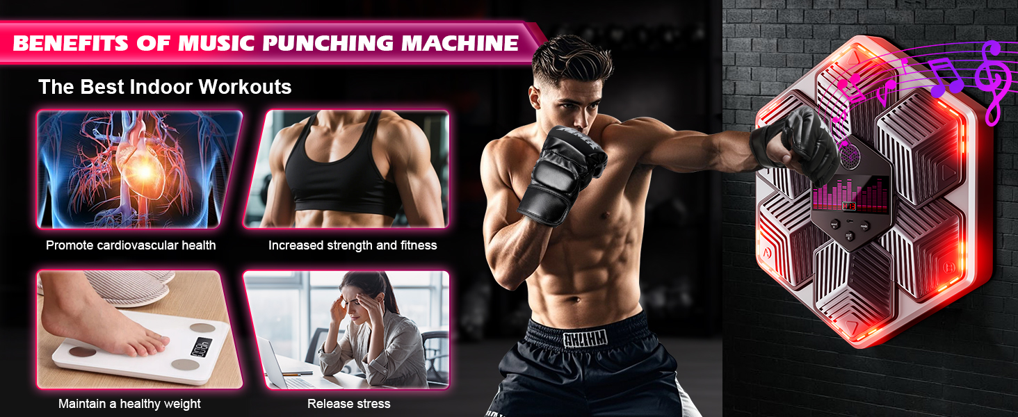 Музична боксерська машина для дорослих - 16 швидкостей, 14 режимів, Bluetooth, LED-підсвічування, з підрахунком ударів