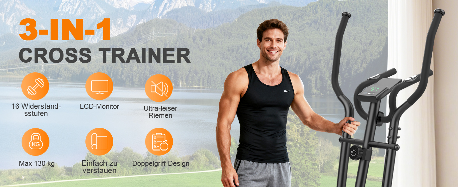 Еліптичний тренажер Crosstrainer 3-в-1 з LCD-монітором та регулюванням навантаження до 287 кг (Оранжевий + Чорний)