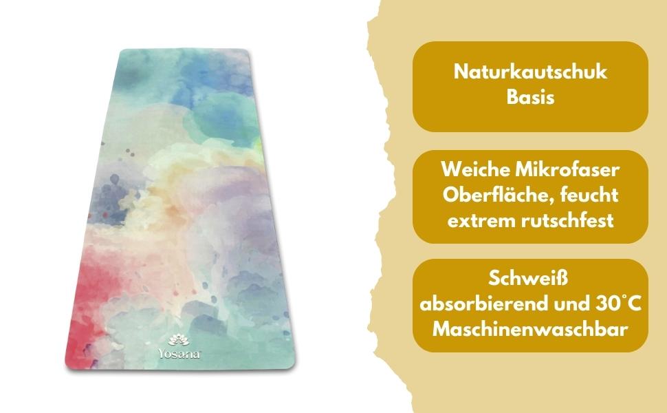 Килимок для йоги Yosana з натурального каучуку - не ковзає, Екологічний килимок для йоги з поверхнею з мікрофібри для швидкого вбирання поту - Спортивний килимок, який можна прати в пральній машині - 183 x 68 см (Colorful Clouds)