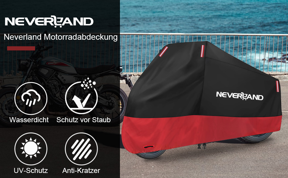 Водонепроникна мотоциклетна накривка Neverland для зберігання на вулиці та в приміщенні. 210D, 220 x 95 x 110 см. Підходить для мотоциклів, скутерів, мопедів.