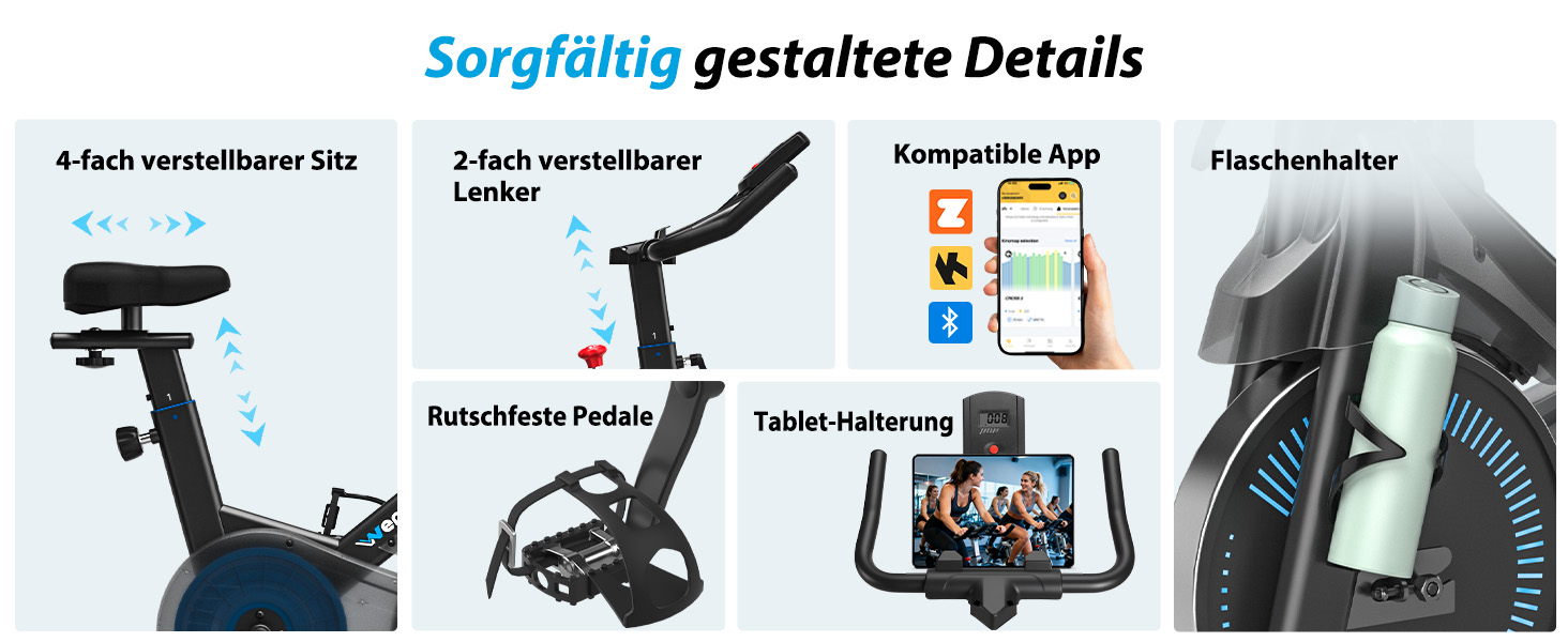 Велотренажер Wenoker з регульованим магнітним опором, ергометр, фітнес-велосипед з LCD-монітором, тримачем для планшета, Bluetooth, для дому, до 160 кг, блакитний