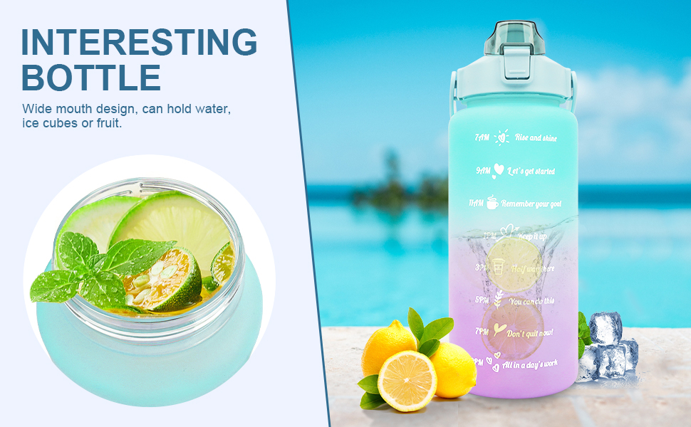 Спортивна пляшка для води MOMSIV 2L з трубочкою та відсіком для фруктів, з мітками часу, чорна, витіювання зелено-фіолетове