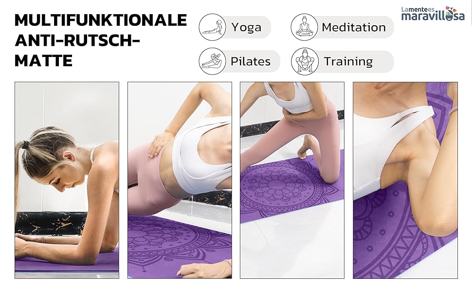 Килимок для гімнастики та йоги з неслизькою поверхнею, з чохлом та E-book, 183x61 см, Мандала фіолетовий