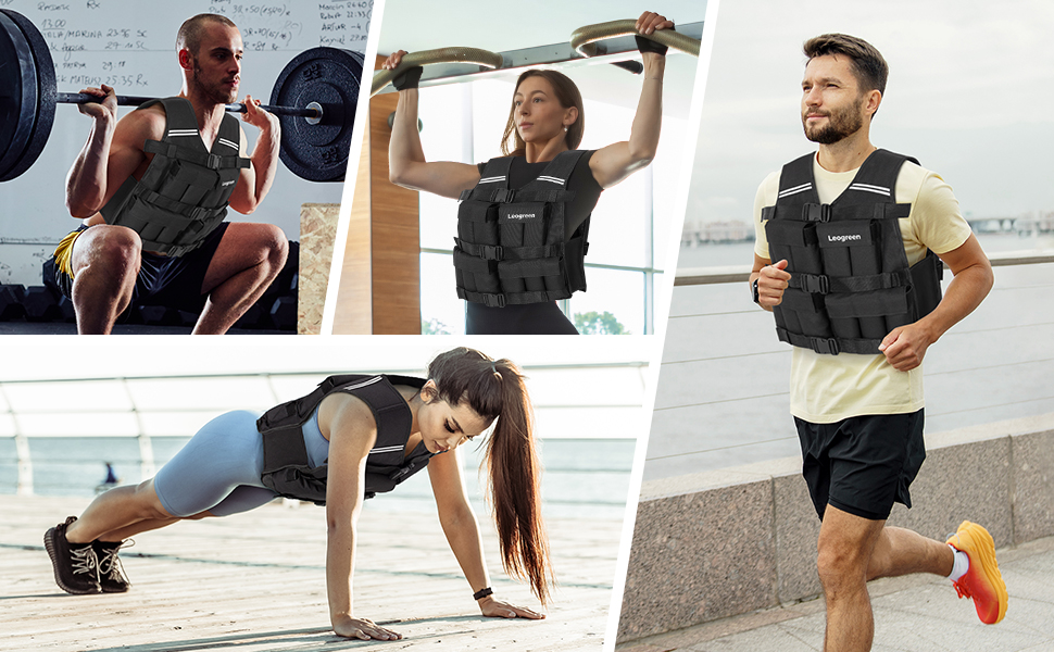 Вага для тренувань Leogreen 10/20 кг, регульована, з 20 знімними вагами, світловідбиваючими смугами, для жінок та чоловіків, біг, силове тренування, чорна