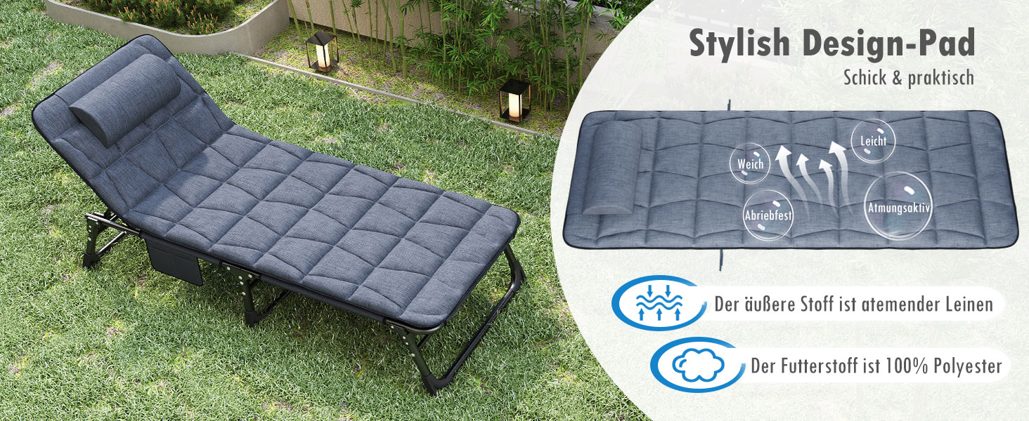 Розкладне шезлонг з регульованою спинкою в 4 положеннях, портативний багатофункціональний лежак для кемпінгу, саду, басейну, патіо - блакитний, з м'яким матрацом та подушкою