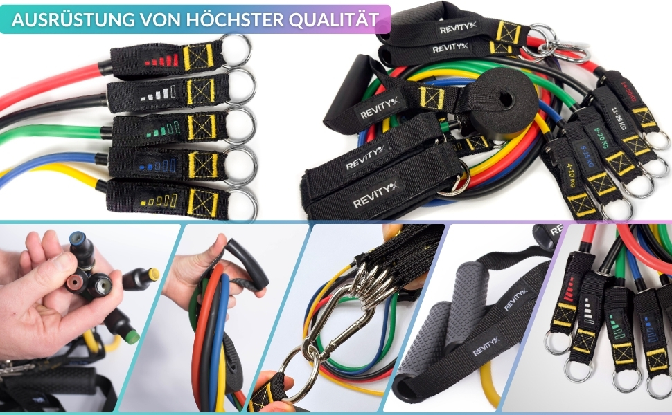 Стрічки для силових тренувань Widerstandsbänder 5 шт. - Набір еластичних стрічок з ручками для тренувань всього тіла з планом тренувань PDF - Натуральний латекс, довговічні, універсальні фітнес-стрічки для жінок та чоловіків