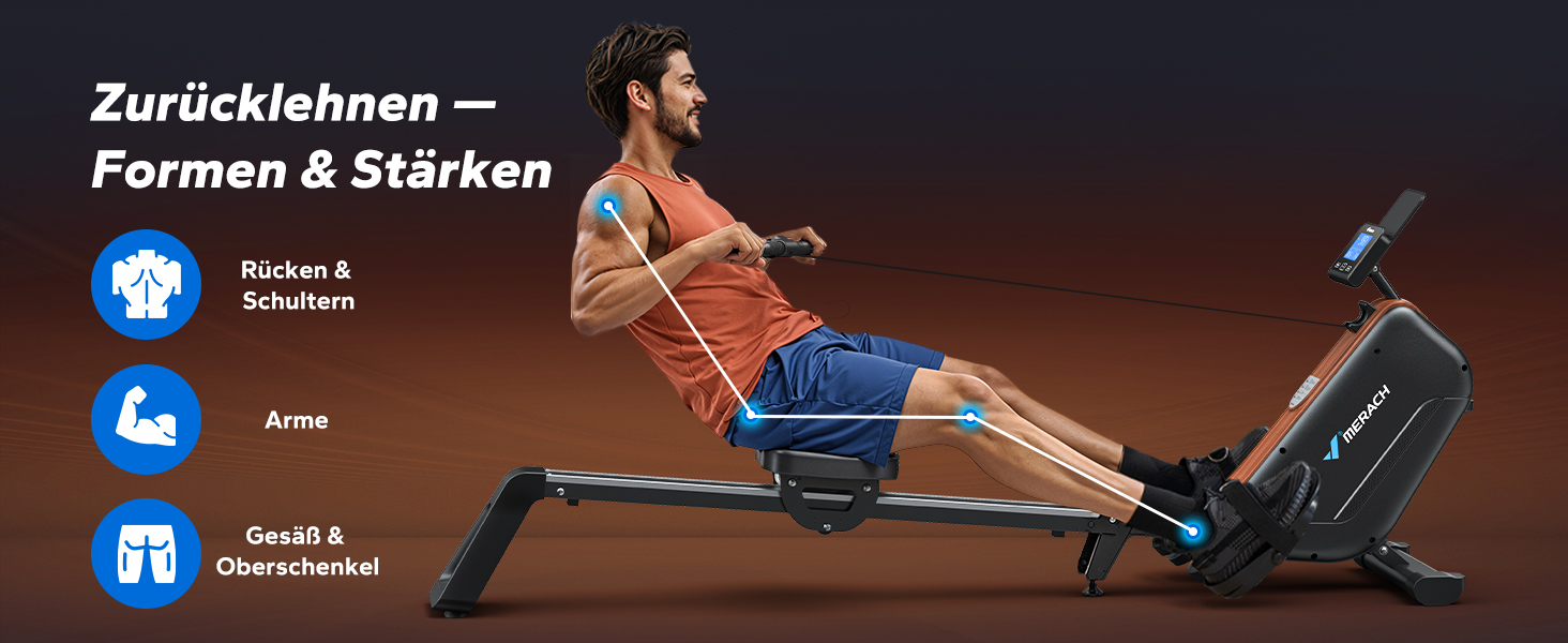 Гребний тренажер MERACH для дому, складаний, з магнітним приводом, тихий, з додатком, подовжені направляючі рейки, електричне регулювання (Plug-in)