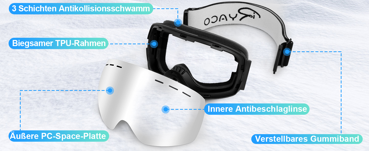 Снігові окуляри Ryaco для сноуборду та лиж, 100% UV-захист, антитуманне покриття, OTG, сферичні, для носіння з окулярами, ударостійкі, срібні