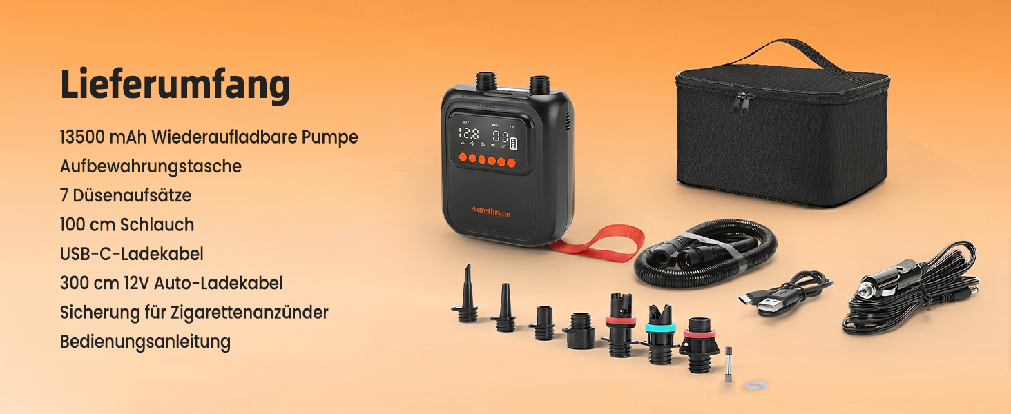 Електричний насос для SUP дошки з акумулятором та ліхтарем, 20 PSI, 12V/USB-C, 7 насадок, для SUP, човнів, матраців, басейнів
